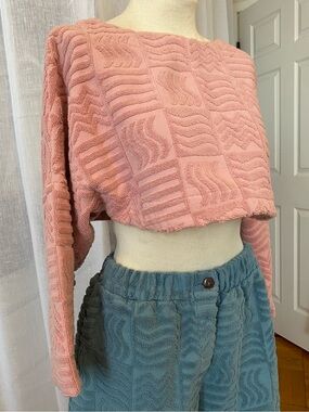 LUCY FOLK Cropped Textured Terry Top Powder Pink Pool Beach Lounge